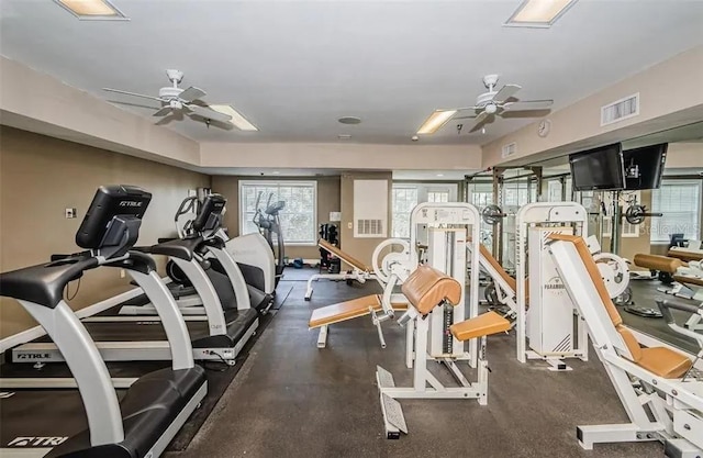 workout area featuring ceiling fan