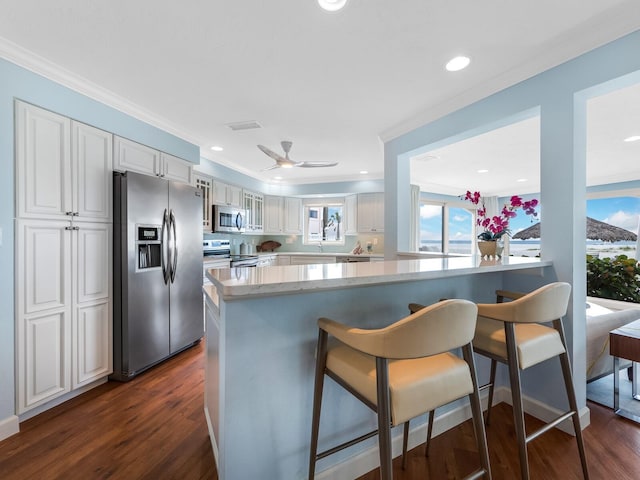 kitchen with white cabinetry, dark hardwood / wood-style flooring, kitchen peninsula, stainless steel appliances, and crown molding