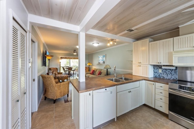 kitchen with kitchen peninsula, decorative backsplash, white appliances, ornamental molding, and sink