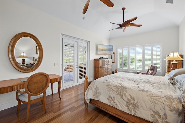 bedroom with wood-type flooring, lofted ceiling, access to outside, and ceiling fan