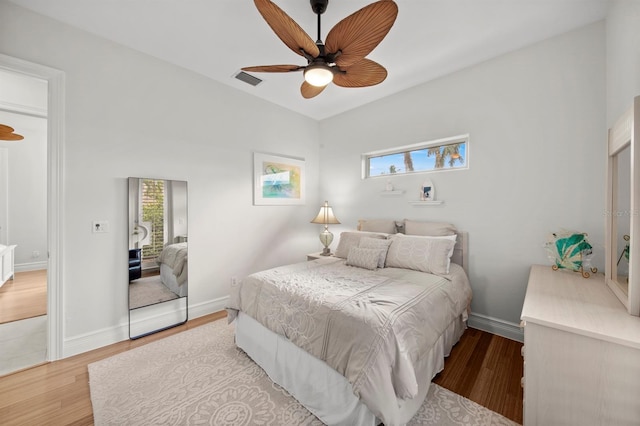 bedroom featuring ceiling fan and light wood-type flooring