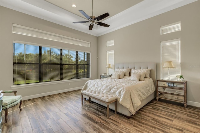 bedroom with a raised ceiling, hardwood / wood-style floors, and multiple windows