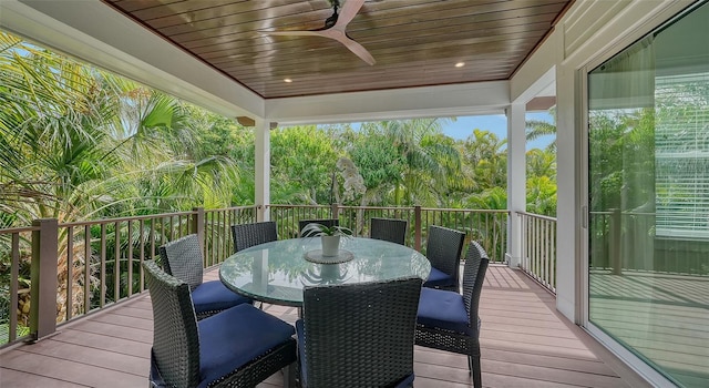 wooden terrace featuring ceiling fan