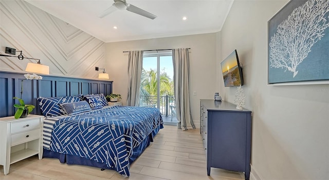 bedroom featuring access to exterior and ceiling fan