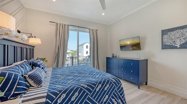 bedroom featuring ceiling fan, ornamental molding, light wood-type flooring, and access to outside