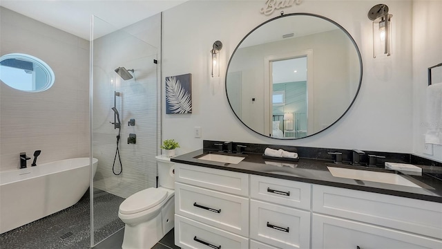 full bathroom featuring toilet, vanity, and plus walk in shower