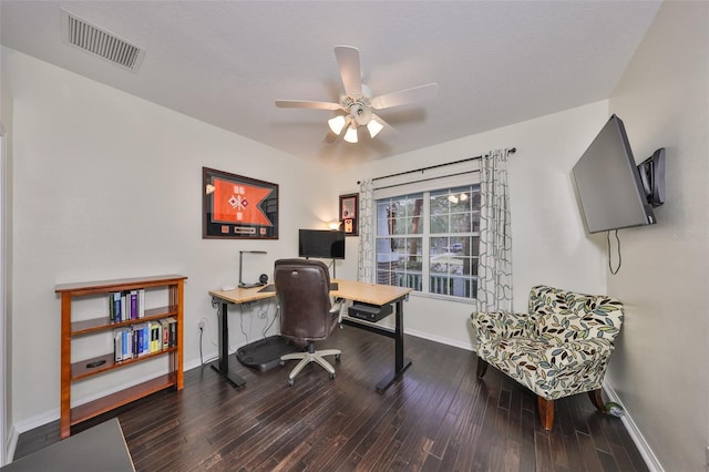 office featuring hardwood / wood-style flooring and ceiling fan