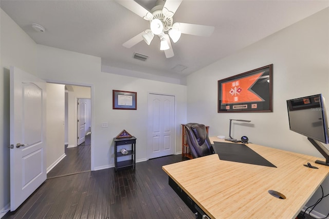 office area with ceiling fan and dark hardwood / wood-style flooring