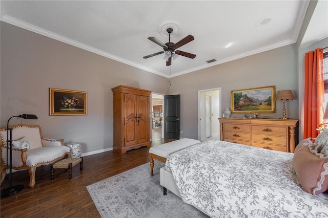 bedroom with dark wood-type flooring, ceiling fan, and crown molding