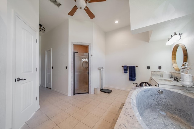 bathroom with tile patterned flooring, vanity, independent shower and bath, and ceiling fan