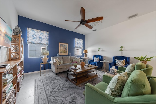 living room with ceiling fan