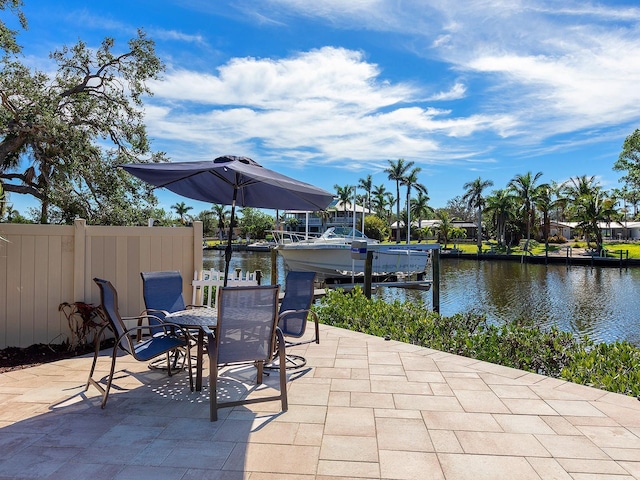 view of patio / terrace featuring a water view and a boat dock