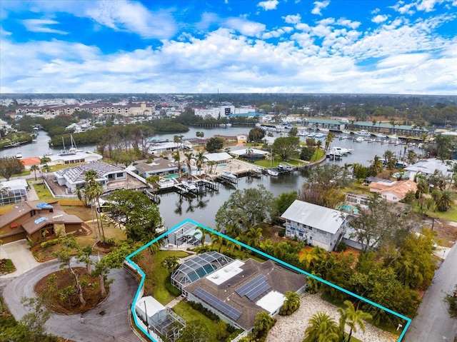 drone / aerial view with a water view