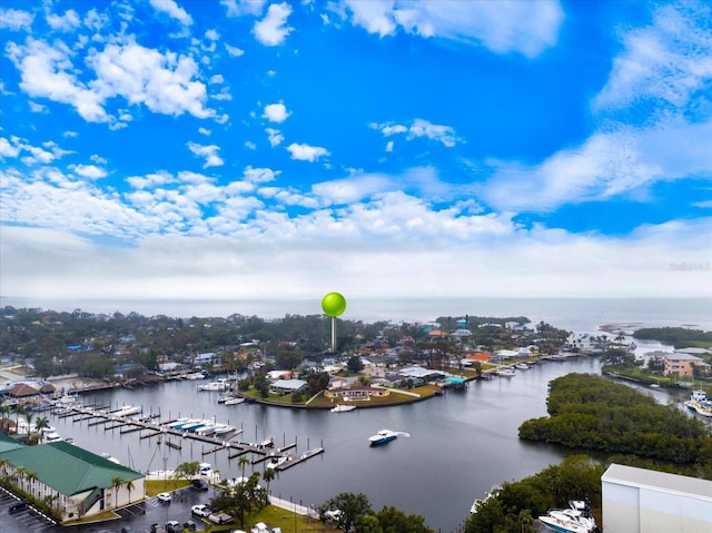 birds eye view of property featuring a water view