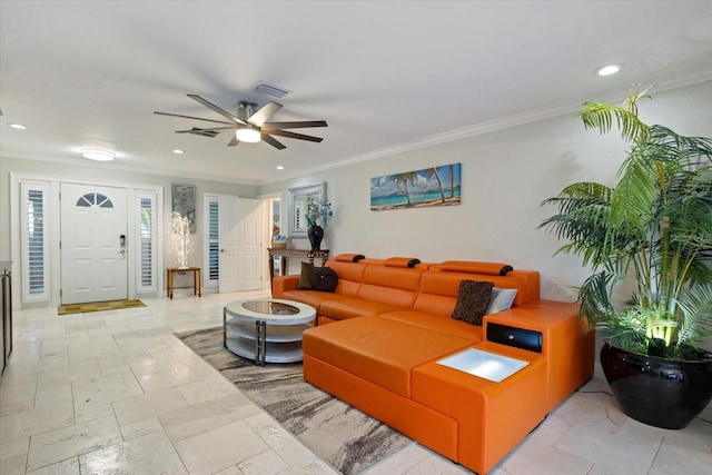 living room with crown molding and ceiling fan