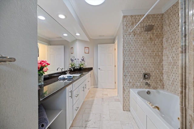 bathroom with vanity, ornamental molding, and separate shower and tub