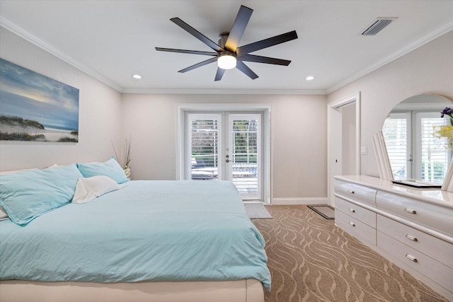 bedroom with ornamental molding, access to outside, light colored carpet, and french doors