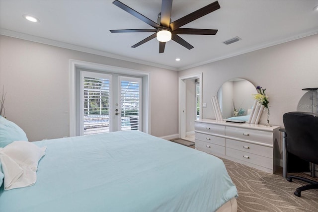 carpeted bedroom featuring ornamental molding, access to exterior, ceiling fan, and french doors