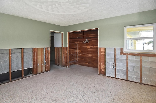 spare room with a textured ceiling and wood walls