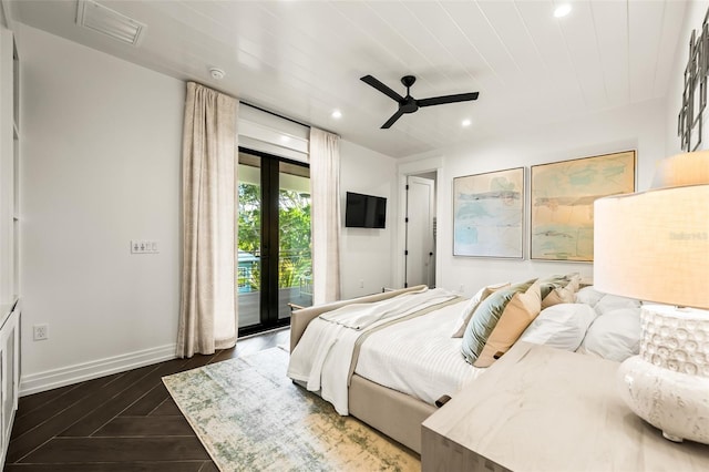 bedroom with french doors, ceiling fan, access to exterior, and wooden ceiling