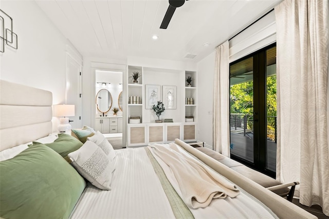 bedroom with connected bathroom, wood ceiling, access to outside, and ceiling fan