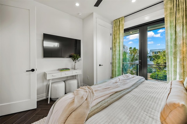 bedroom featuring access to exterior, ceiling fan, and french doors