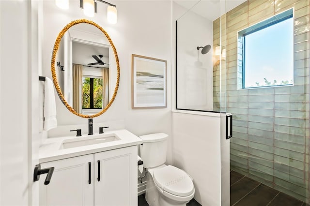 bathroom with vanity, toilet, a healthy amount of sunlight, and walk in shower