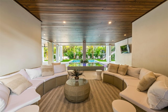 living room with wood ceiling