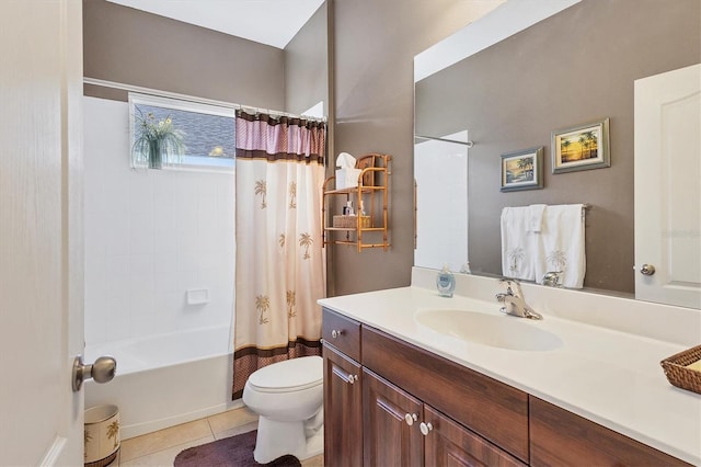 full bathroom with tile patterned flooring, vanity, shower / bathtub combination with curtain, and toilet