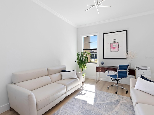 home office with crown molding and light wood-type flooring