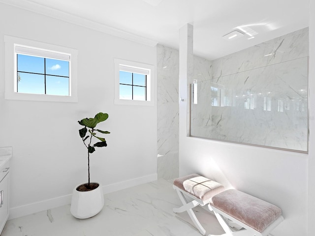 bathroom with a shower, plenty of natural light, and vanity