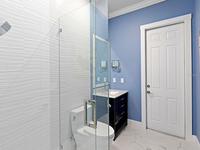 bathroom featuring a shower with door, vanity, crown molding, and toilet