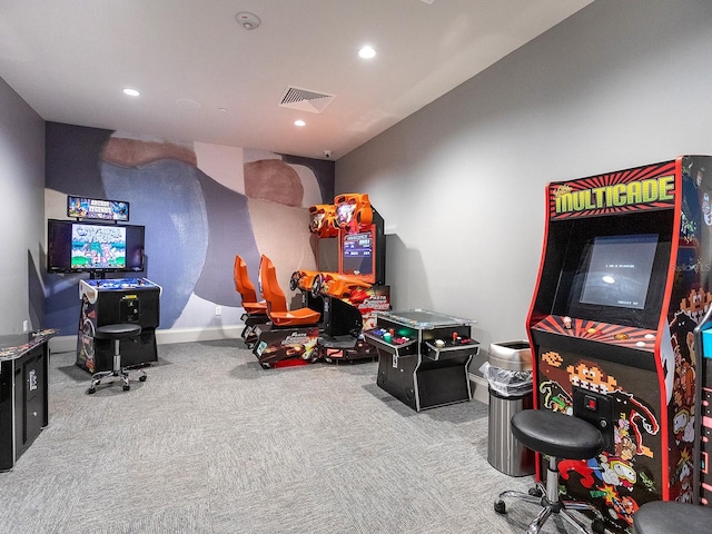 recreation room featuring baseboards, carpet, visible vents, and recessed lighting