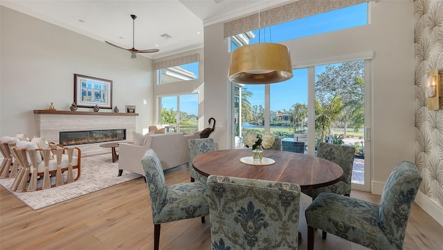 dining room with crown molding, light hardwood / wood-style floors, and a high ceiling