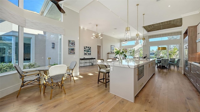 kitchen featuring a large island, a high ceiling, hanging light fixtures, and light hardwood / wood-style flooring