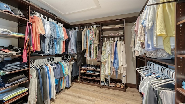 walk in closet with light hardwood / wood-style floors