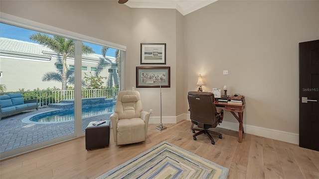 office space featuring crown molding and light hardwood / wood-style flooring