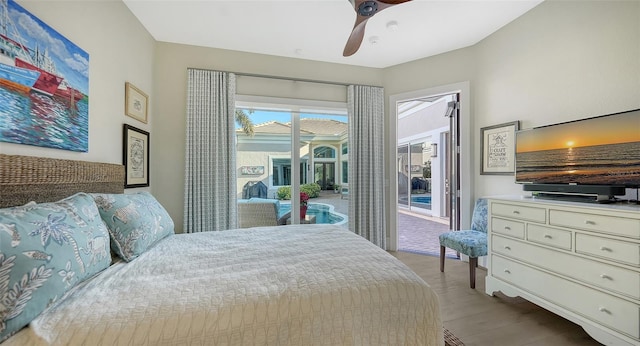 bedroom with ceiling fan, access to exterior, and light wood-type flooring