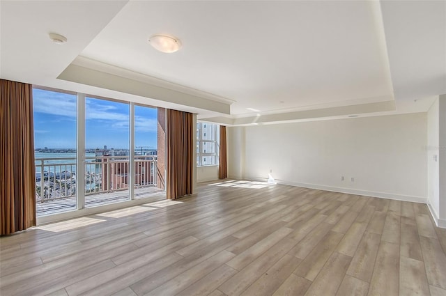 spare room featuring expansive windows, ornamental molding, a raised ceiling, a water view, and light wood-type flooring