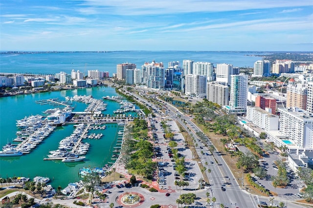 birds eye view of property featuring a water view