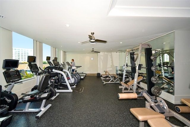 workout area with ceiling fan