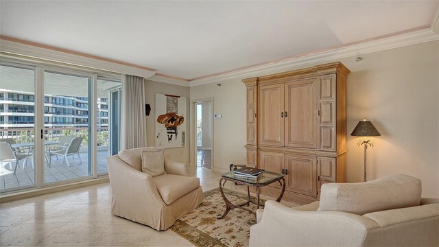 living room with crown molding and light tile patterned flooring