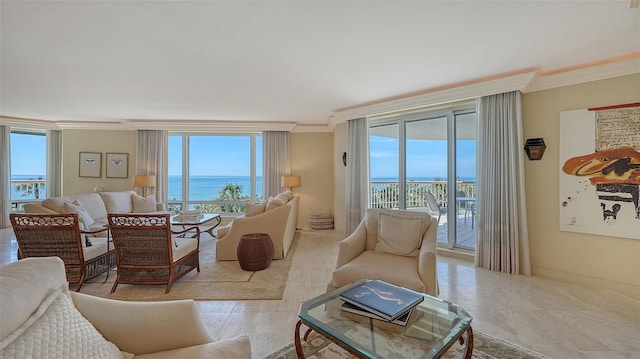 living room with a water view, a healthy amount of sunlight, and ornamental molding