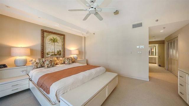 bedroom with light colored carpet and ceiling fan