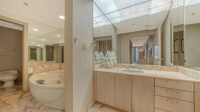 bathroom with a washtub, vanity, and toilet