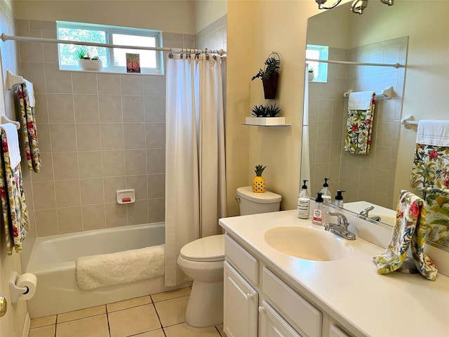 full bathroom with toilet, shower / bath combination with curtain, tile patterned flooring, and vanity