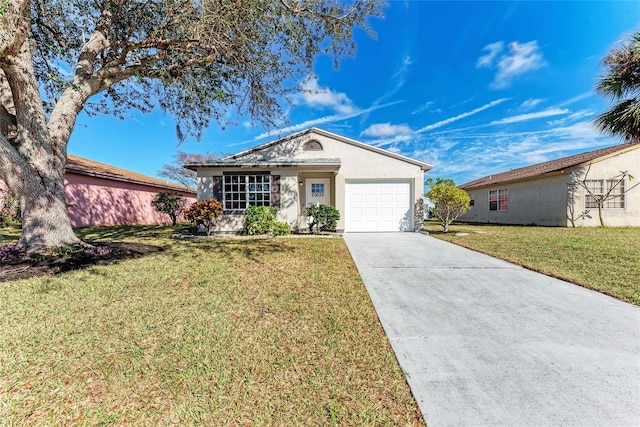 ranch-style home with a garage and a front lawn