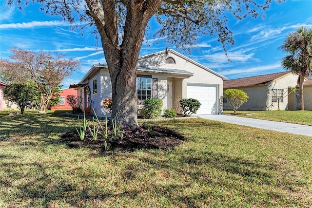 ranch-style home featuring driveway, an attached garage, a front yard, and stucco siding