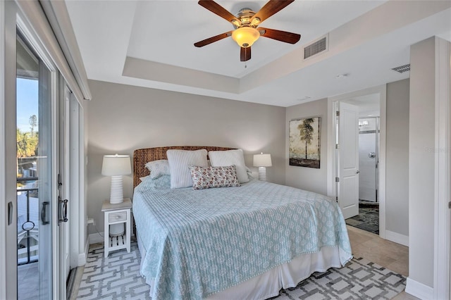 bedroom featuring ceiling fan and a tray ceiling