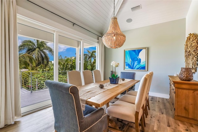 dining room with wood ceiling, a notable chandelier, lofted ceiling, and light wood-type flooring